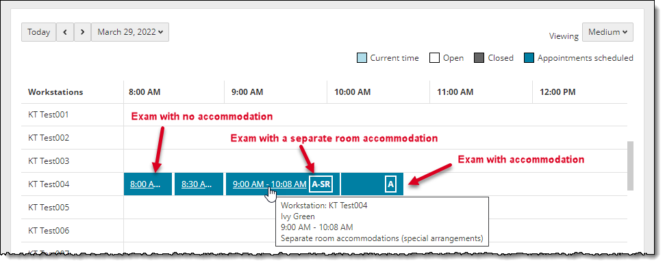 Accommodations are identified on an exam block with A or A-SR.